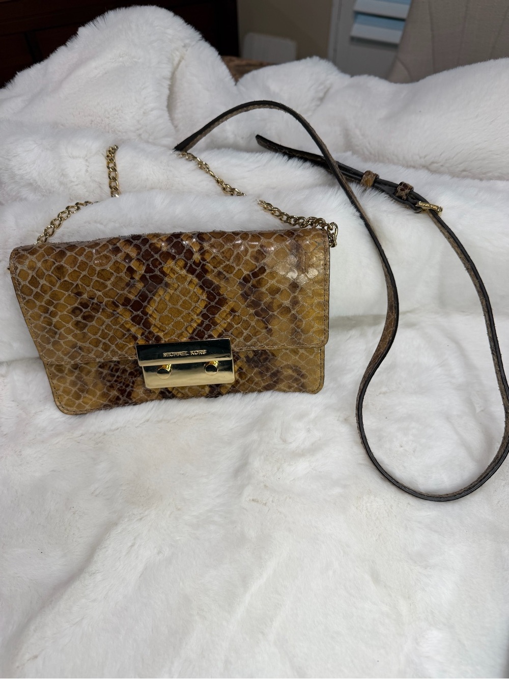 Michael Kors Sloan Tan/Brown Snake-Embossed Crossbody with Gold Hardware